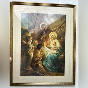 Vintage Art Print Framed Nativity Scene Holy Family Religious Gallery Wall 8x10